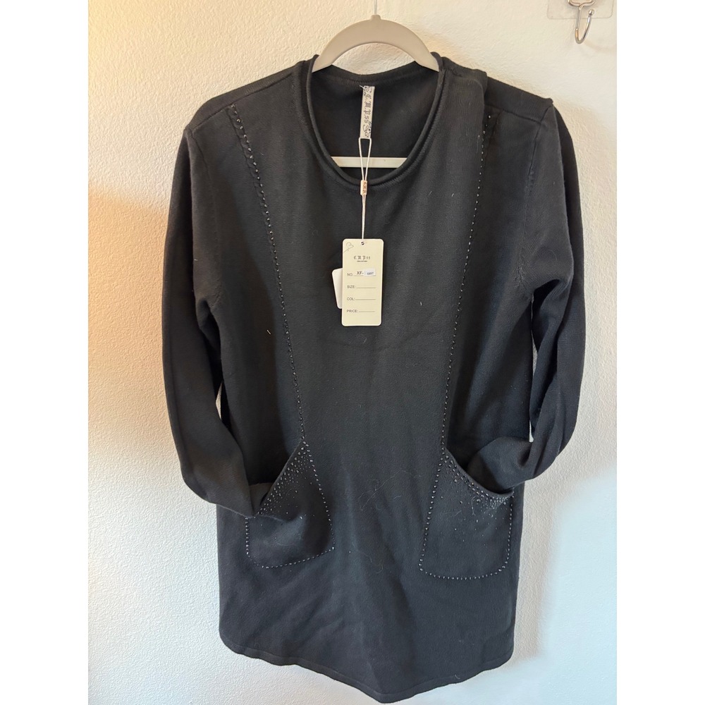 C.M.P.55 Collection Black Rhinestone Studded Pocket Sweater Tunic Top XF-8897